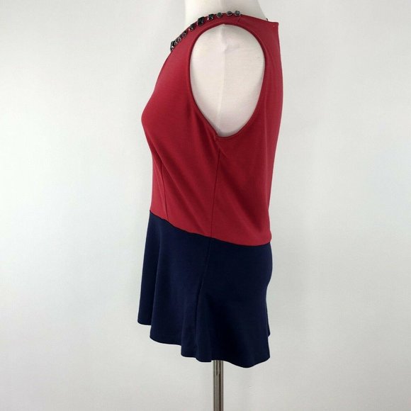 Boston Proper Red Navy Peplum Rhinestone Neck Top Shirt  |  Womens Small - Picture 2 of 9